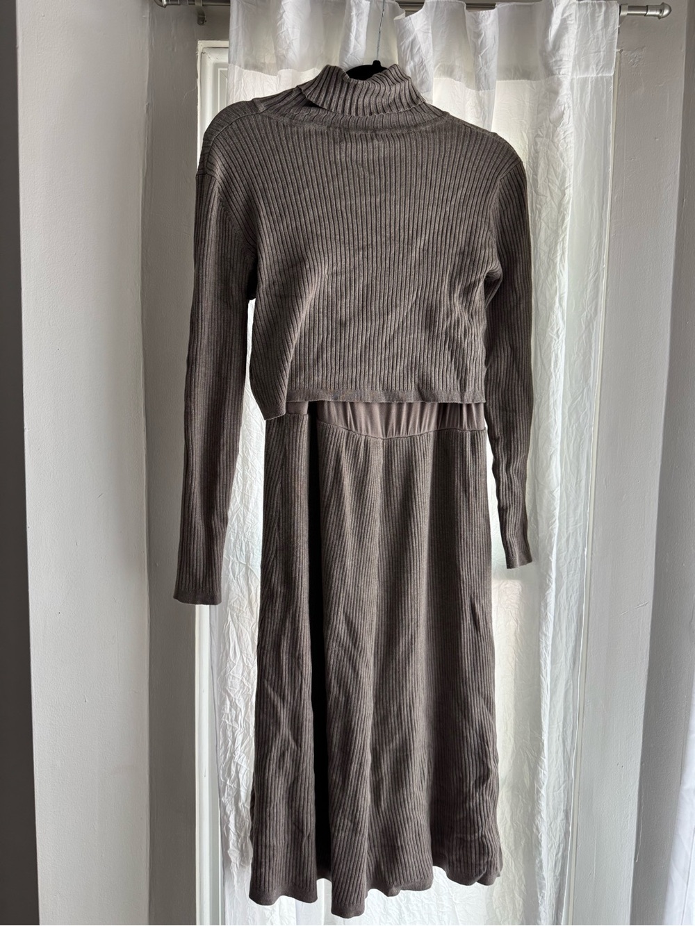 Seraphine maternity Ribbed Long-Sleeve Turtleneck Midi Dress in Taupe - Picture 5 of 5